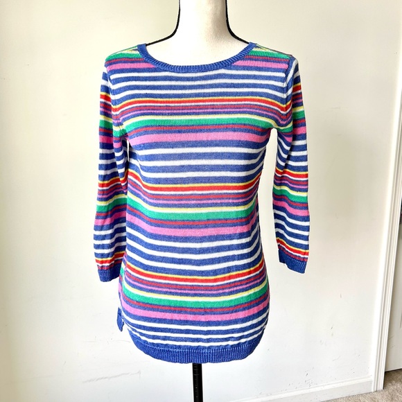 TALBOTS Petite Lightweight Colorful Striped Linen 3/4 Sleeve Sweater—SZ. MP - Picture 1 of 14